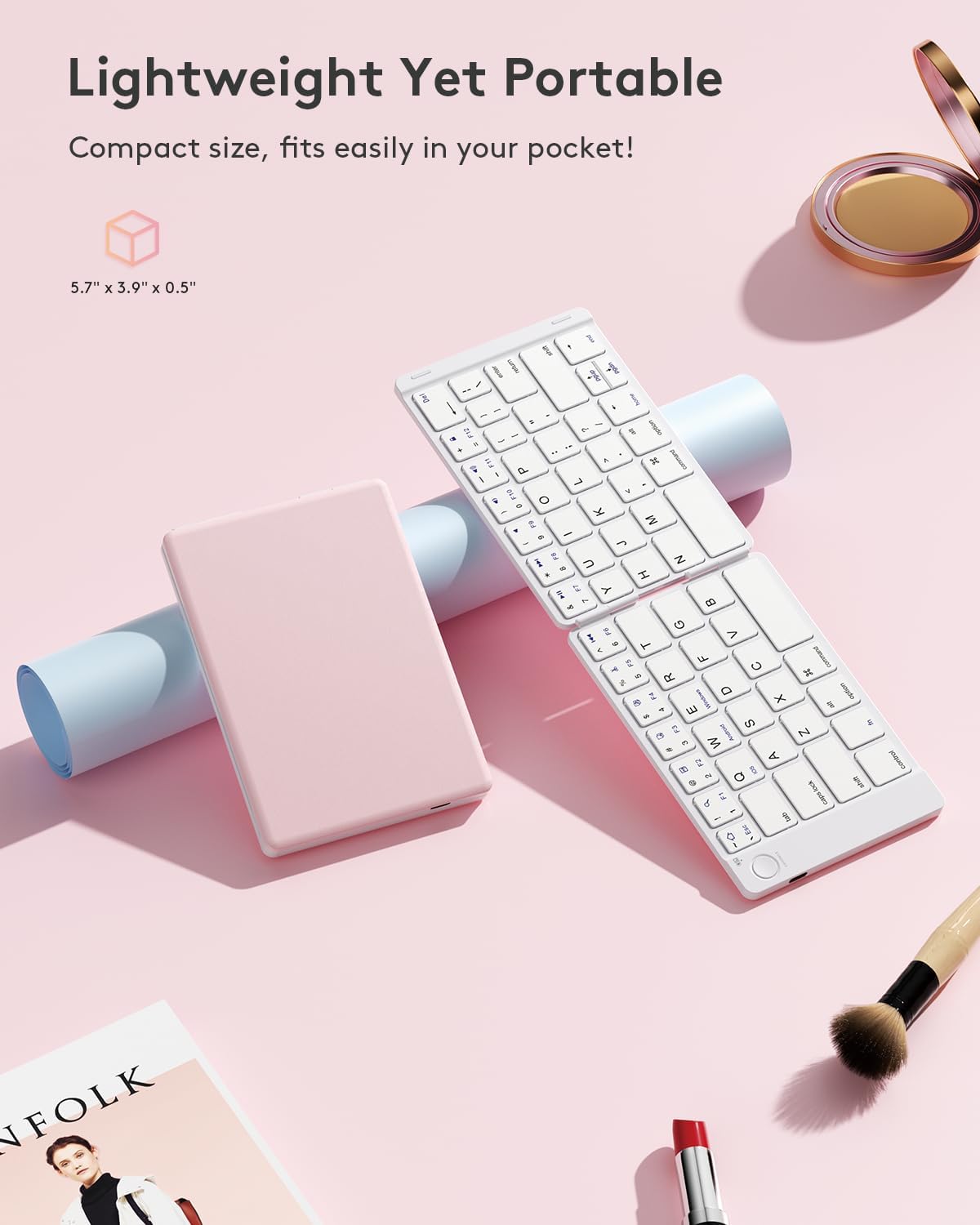 Samsers Foldable Bluetooth Keyboard - Portable Wireless Keyboards with Stand Holder, Rechargeable Full Size Ultra Slim Folding for iOS Android Windows Smartphone Tablet and Laptop, White-Pink