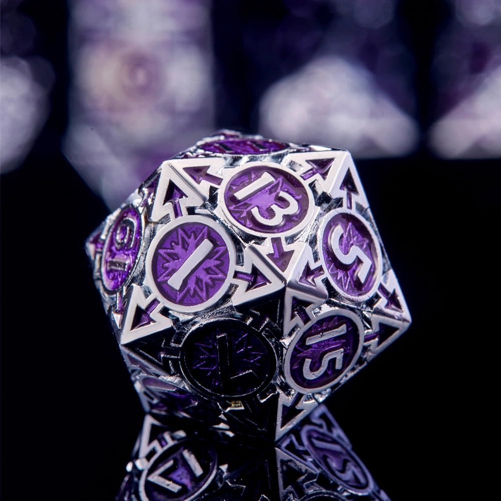 Metal DND Dice Set - High Artistic Making Dungeons and Dragons Dice, Large Weighted Metallic D&D Dice Sets - Polyhedral Role Playing Dice for MTG RPG, Silver Purple D and D Dice with DND Gift Box