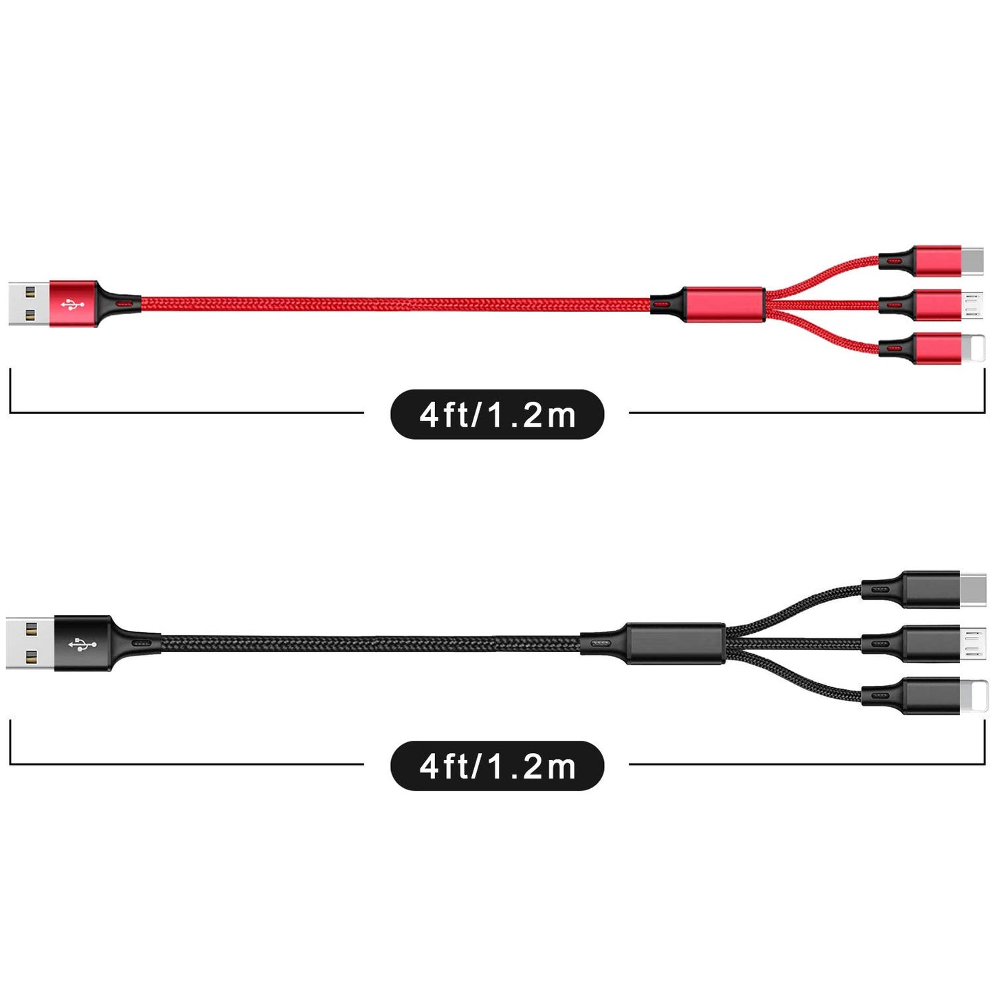 Multi Charging Cable, 4ft 2Pack Multi Phone Charger Cable Braided Universal 3 in 1 Charging Cord Extra Long Multiple USB Cable with USB C, Micro USB Port Connectors for Cell Phones and More（Red+Black)