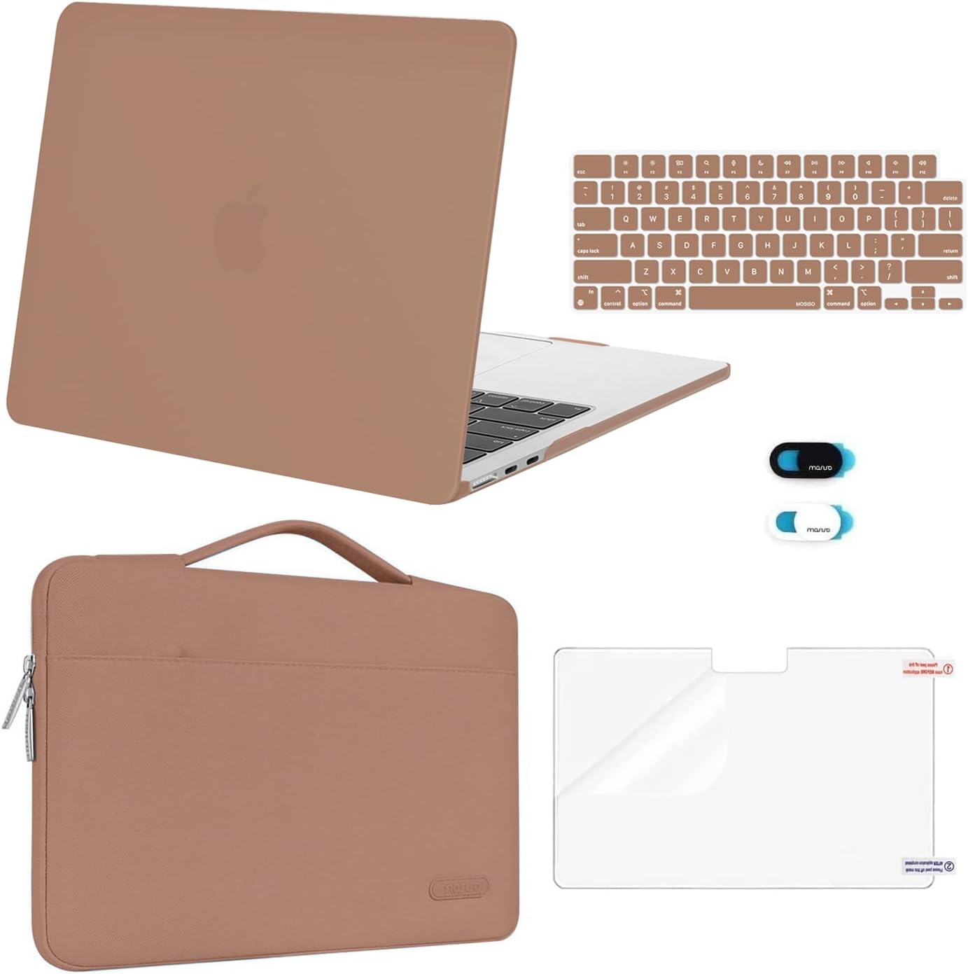 MOSISO Compatible with MacBook Air 13 inch Case 2025 2024 2023 2022 M4 A3240 M3 A3113 M2 A2681, Hard Shell&Sleeve Bag&Keyboard Skin&Webcam Cover&Screen Film for MacBook Air 13.6 inch, Caramel Brown