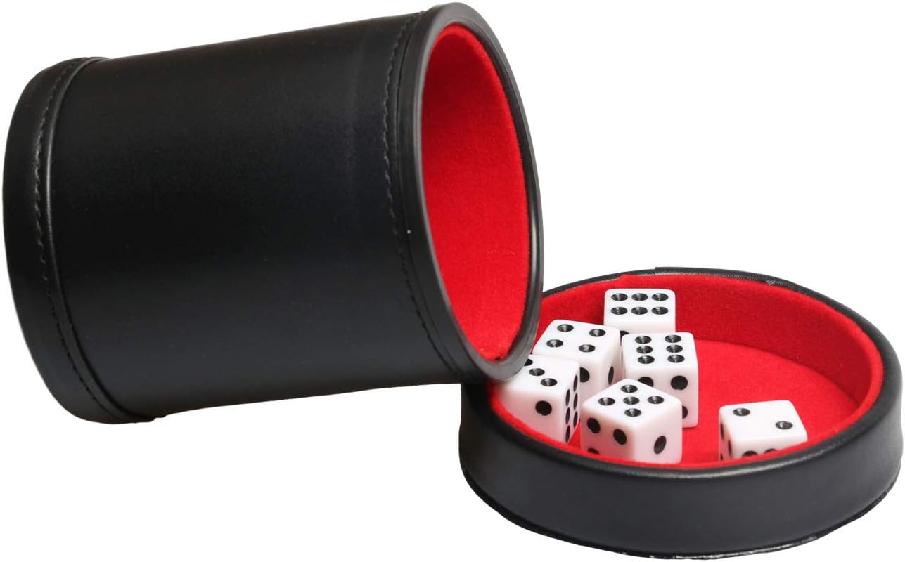 Leatherette Dice Cup with Lid, Includs 16mm Regular Dices, Red Felt Lining Dice Shaker Quiet for Playing Yahtzee/Farkle/Liars Dice/Board Game
