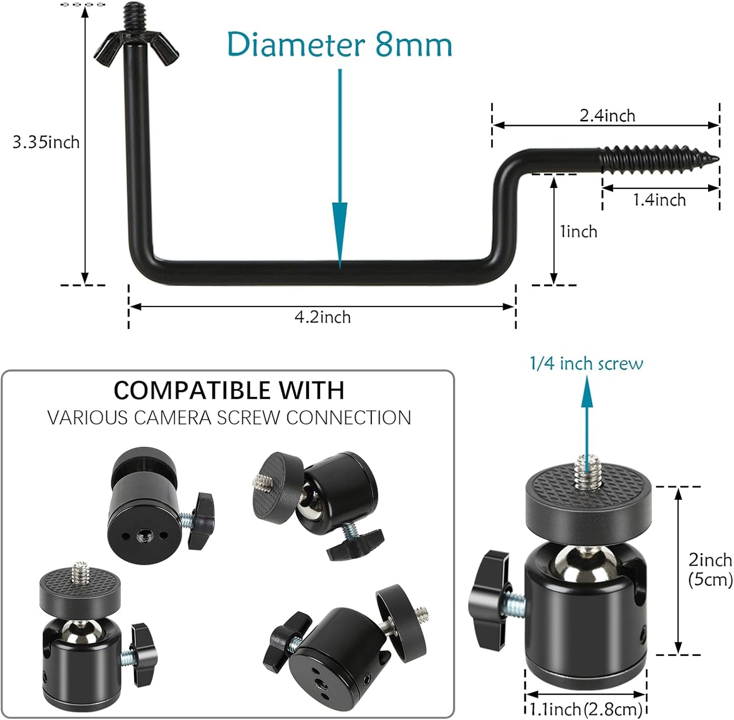 5 Pcs Trail Camera Tree Mount, Trail Camera Holder 360° Cameras Bracket for Game Cam, Hunting Accessories,Metal Security Cam Mount with 1/4 Inch Screw for Solar Panels,etc, Compact Sturdy.
