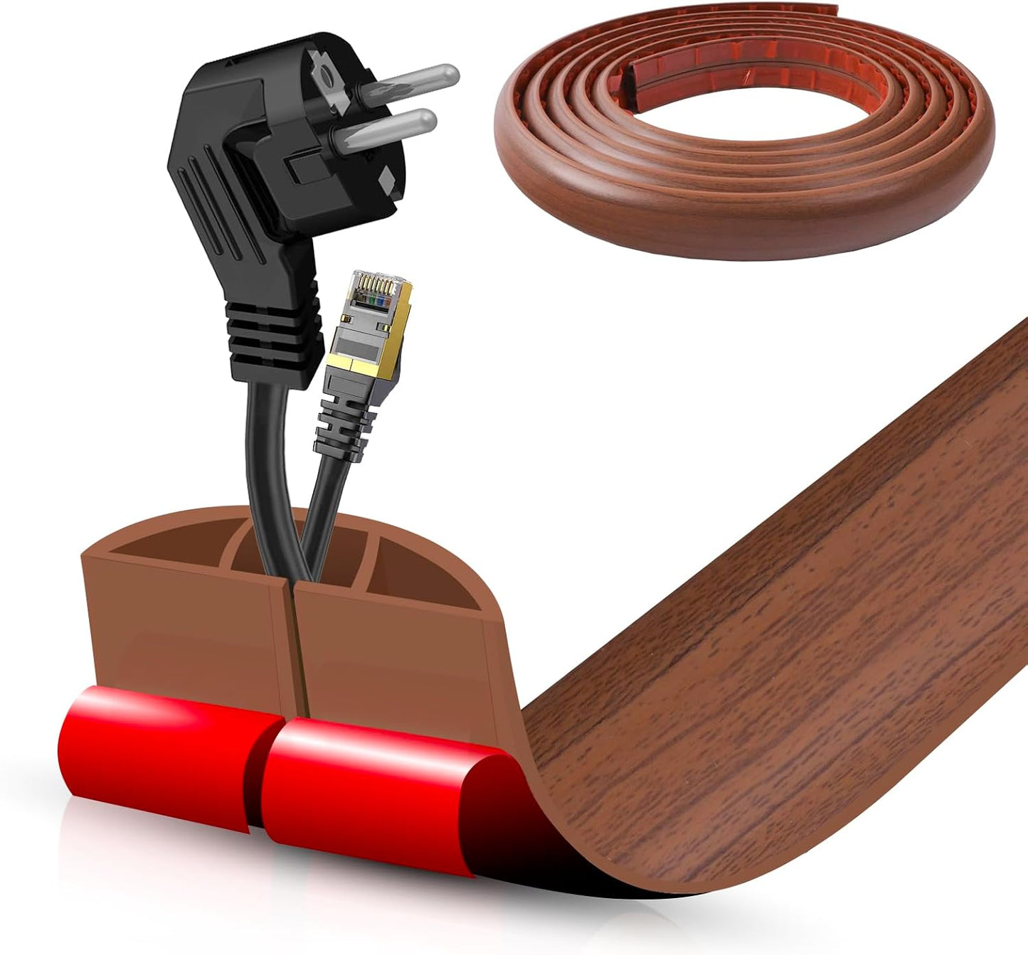 Floor Cord Cover Self Adhesive Cord Hider,10FT Cable Management, Extension Strip Protector for Wires, Prevent Cable Trips for Offices, Gyms, Exhibitions Cavity:0.47"(W) x0.35(H) Wood Red Teak
