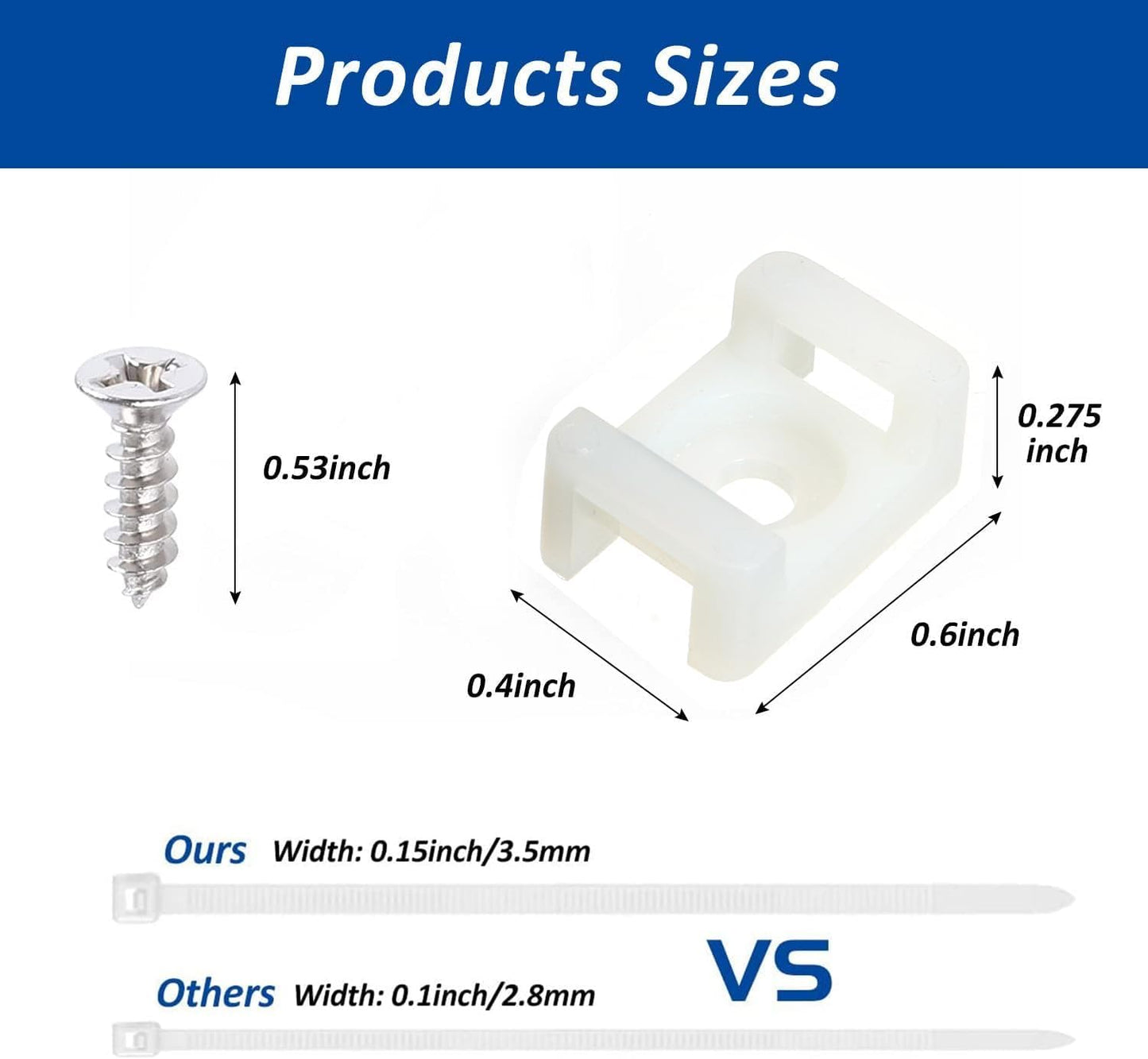 Cable Zip Tie Mounts Kit - 60 Set Wire Cable Clips Organizer Holders with 8" Cable Ties, Saddle Type Mounts Base and Tapping Screw