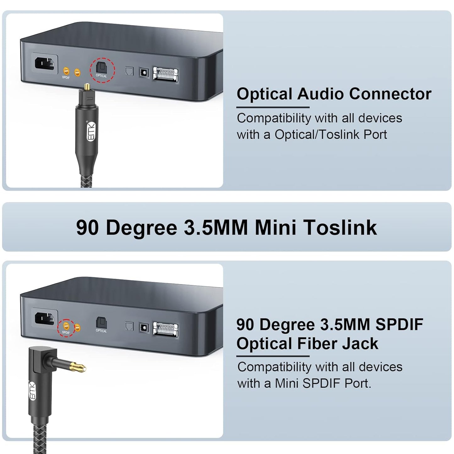 EMK Premium 90° Right-Angle Mini Toslink Cable (6Ft/2M) - 3.5mm Optical Digital Audio Cable for Sound Bars, TVs & Home Theater - SPDIF/Toslink Compatible, Black