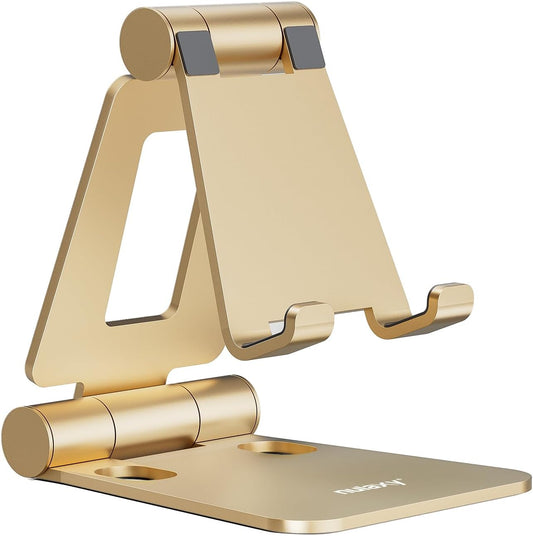Nulaxy Dual Folding Cell Phone Stand, Fully Adjustable Foldable Desktop Phone Holder Cradle Dock Compatible with Phone 16 15 14 13 12 11 Pro Xs Xs Max Xr X 8, Nintendo Switch, All Phones - Gold