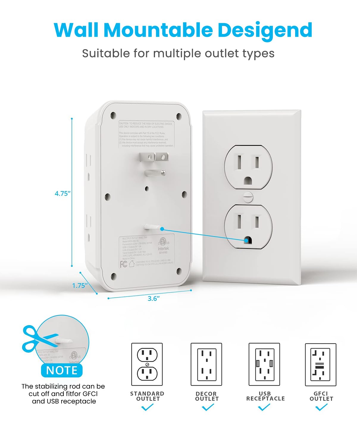 [2-Pack] Surge Protector Outlet Extender, VINTAR 6 Outlet Splitter with 3 USB Charging Ports (2 USB C),900J Multi Plug Outlet Power Strip, 3-Sided Usb Wall Charger for Home Office Dorm Room Essentials