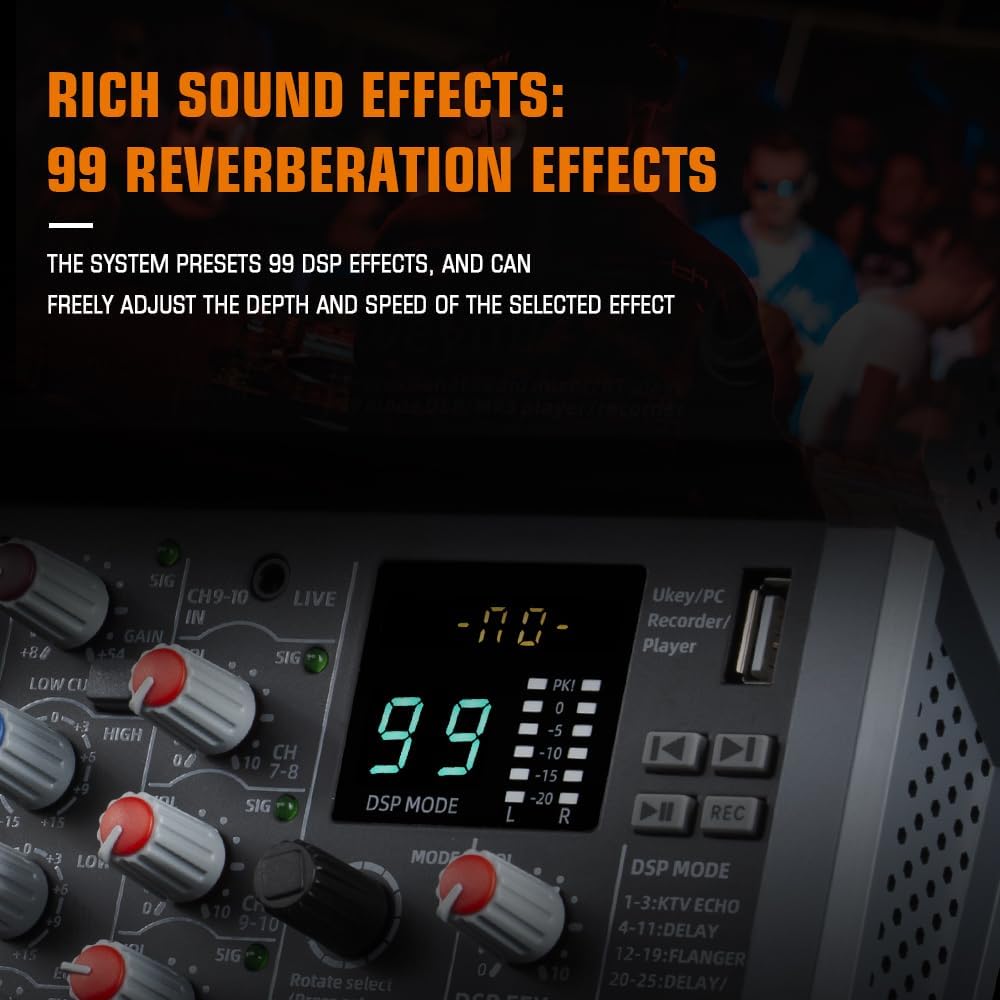A-Series Professional Mixer for Recording DJ Stage Karaoke Music Application w/ 99 DSP Effect USB Drive for Computer Recording Input, XLR Microphone Jack, 48V Power for Professional (8-Channel)