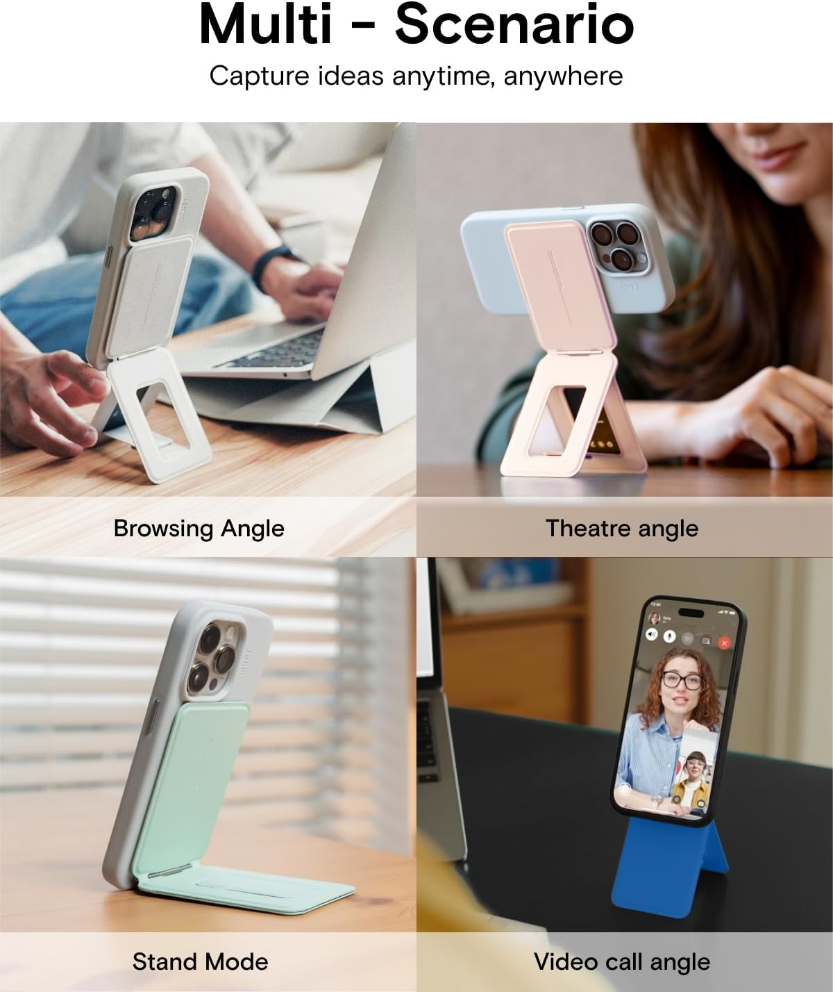 MOFT Phone Stand, Magnetic Phone Tripod Stand Stain-Resistant MOVAS Leather & Angle Adjustment & Strong Magnets Tripod for iPhone 15/14/13/12 (Included Metal Ring)-Sunset