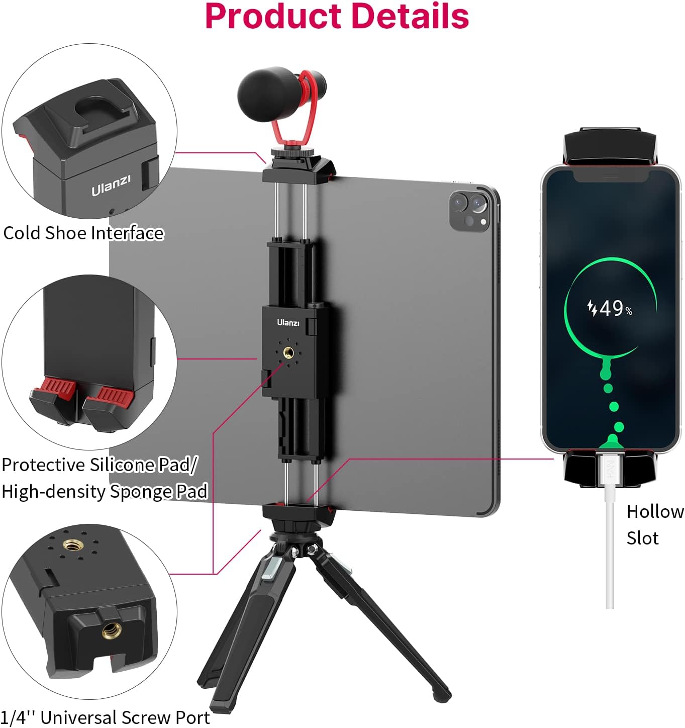 ULANZI ST-29 Phone Tripod Mount, Universal 2-in-1 Tablet Smartphone Holder Adapter with Cold Shoe Mount, 2.6"-8.8" Extend Clip Clamp Compatible with iPad, iPhone, Samsung Galaxy and More