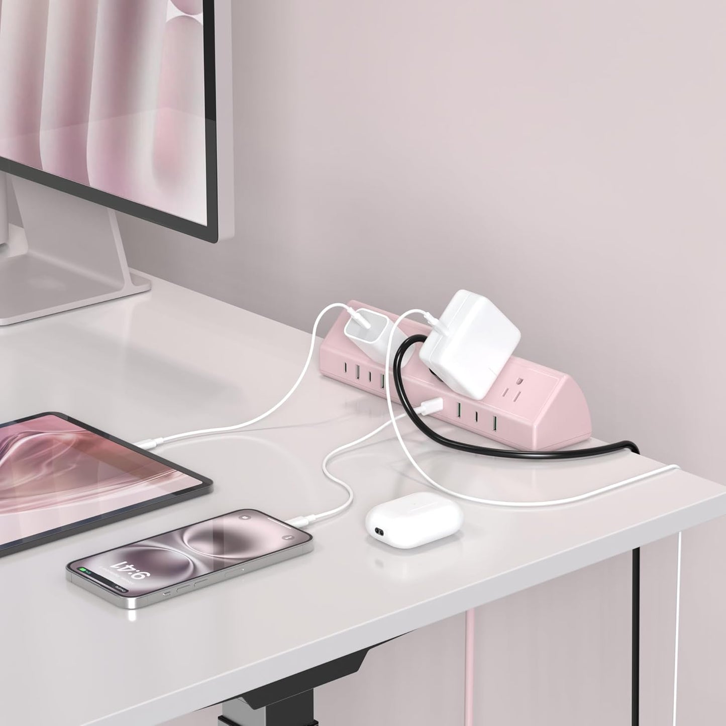 Jgstkcity Desk Clamp Power Strip, 45W Fast Charging Station,4 USB-C, 4 USB-A,1200J Surge Protector,ETL Listed,1875W Extension Cord,Multiple Outlets for Home, Office (Pink, 6 FT Cable)