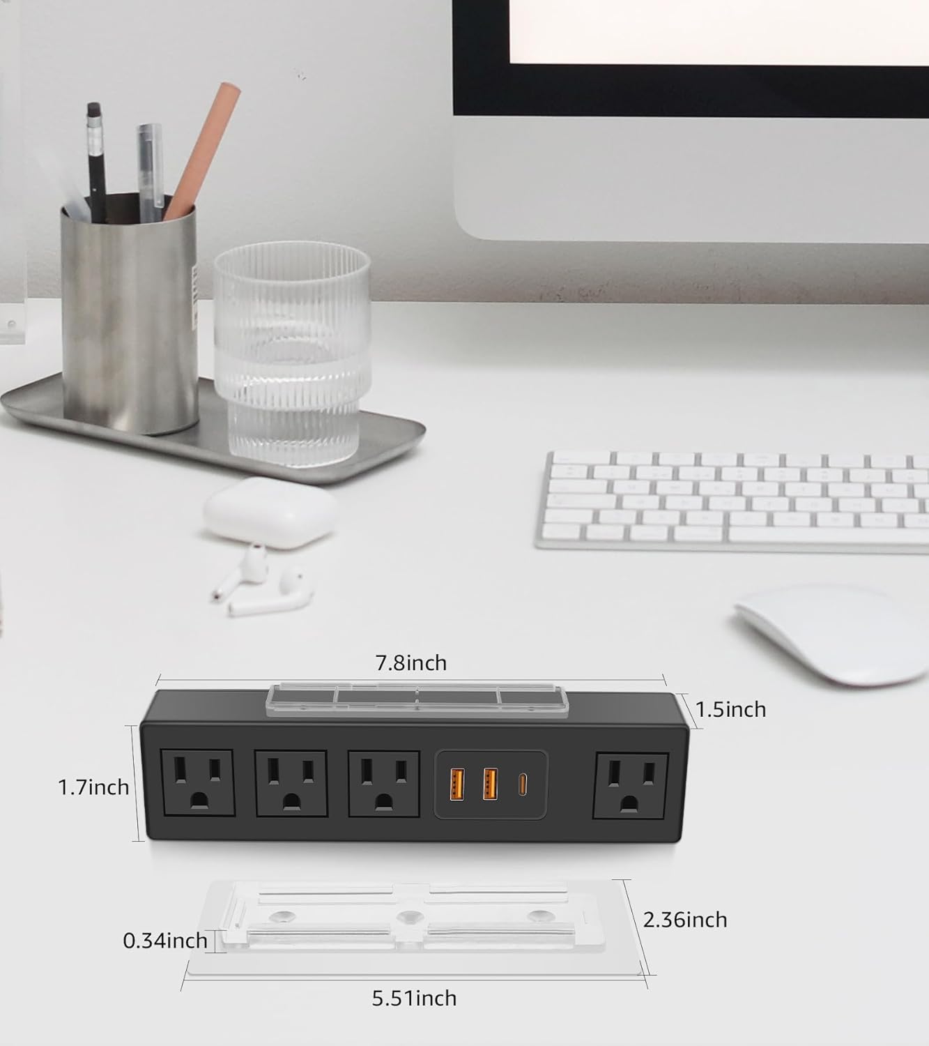 HHSOET Under Desk Power Strip with 3M Adhesive, Removable Under Desktop Mount Plug with 30W Fast Charging USB C and USB A Ports, 4 Outlet Under Table Surge Protector 1200J, 6FT Extension Cord. (Black)