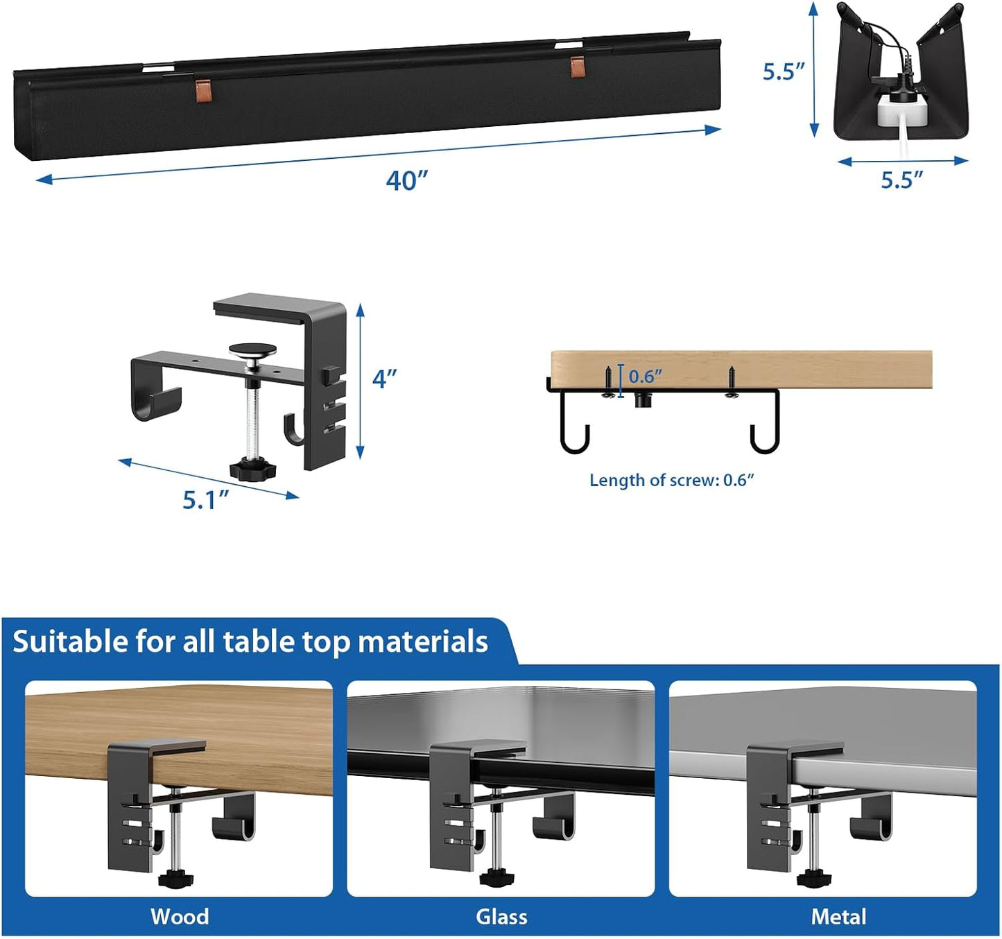 Zilink No Dril Under Desk Cable Management Tray 40" Cord Organizer for Table Clamp/Screw Mount Premium Fabric Cable Management Tray for Home Office Gaming Desk