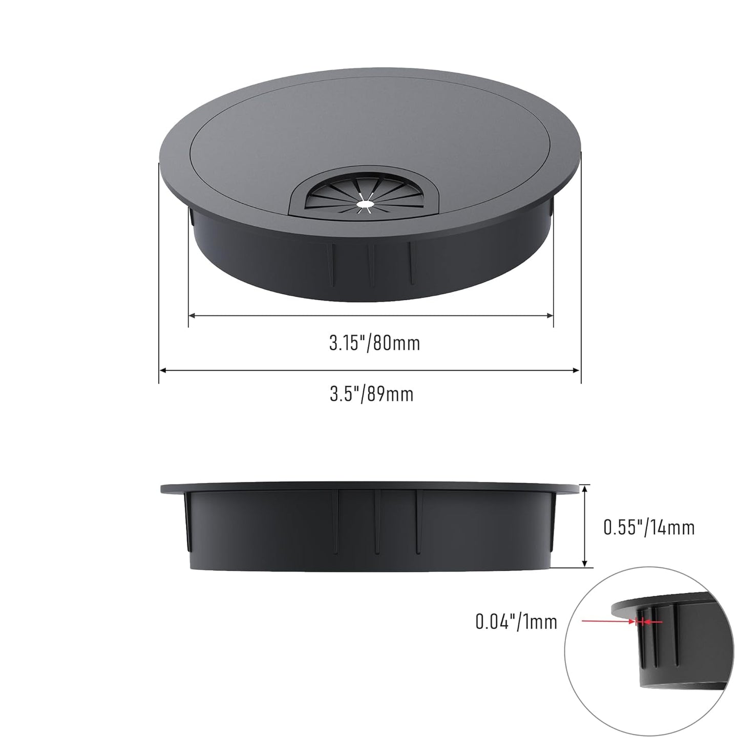 Desk Grommet 3-1/8 Inch 80mm, Zinc Alloy Computer Desk Wire Hole Cover, Office Desktop Cord Cable Hole Metal Ring, Black