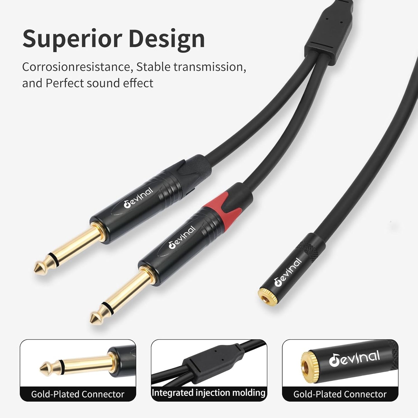 Devinal 3.5mm to Dual 1/4 Y Splitter Cable, 1/8" Female TRS to Dual 6.35mm TS Male Adapter, Female Mini Jack Stereo to 2 Quarter inch Mono Converter 1 feet