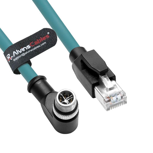 Alvin's Cables M12 X-Code 8 Pin Male to RJ45 Ethernet Cable for Cognex Keyence Camera, High-Flex Cat6a Cable for Industrial Automation, Fieldbus Module, Robotics, Right Angle 9.84ft/3m Green