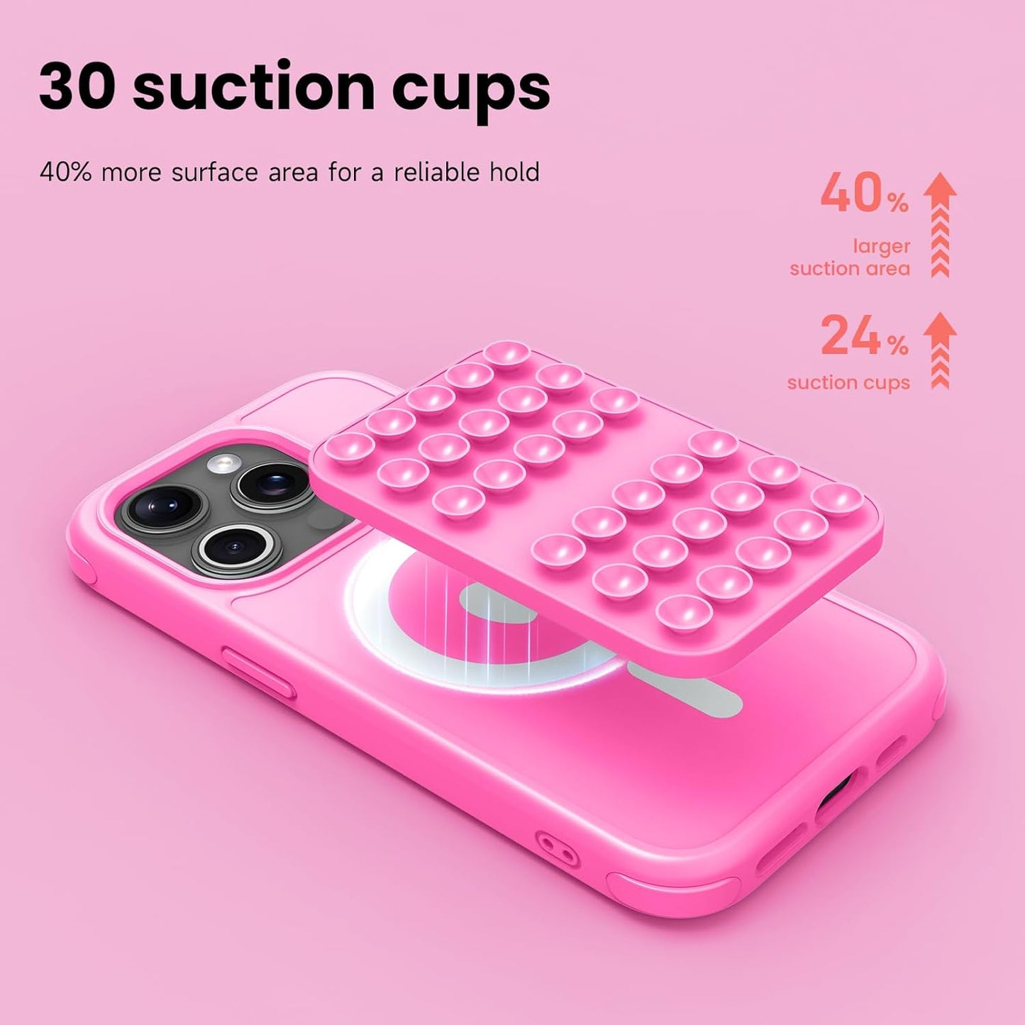 Patented Magnetic Sticky Phone Suction Grip Mount for MagSafe Case,Magnet Silicone Portable Stand Holder for iPhone 16/15/14/13/12 Series and Android, Hands-Free Selfies and Videos,Hot Pink