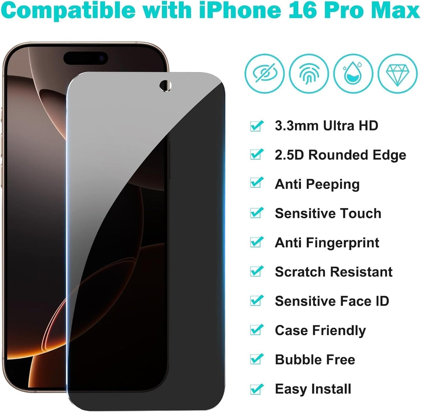 3 Pack for iPhone 16 Pro Max Privacy Screen Protector + 2 Camera Lens 9H+ Full Cover Tempered Glass Auto Alignment Kit 12FT Military Grade Shatterproof Anti Spy Longest Durable 6.9