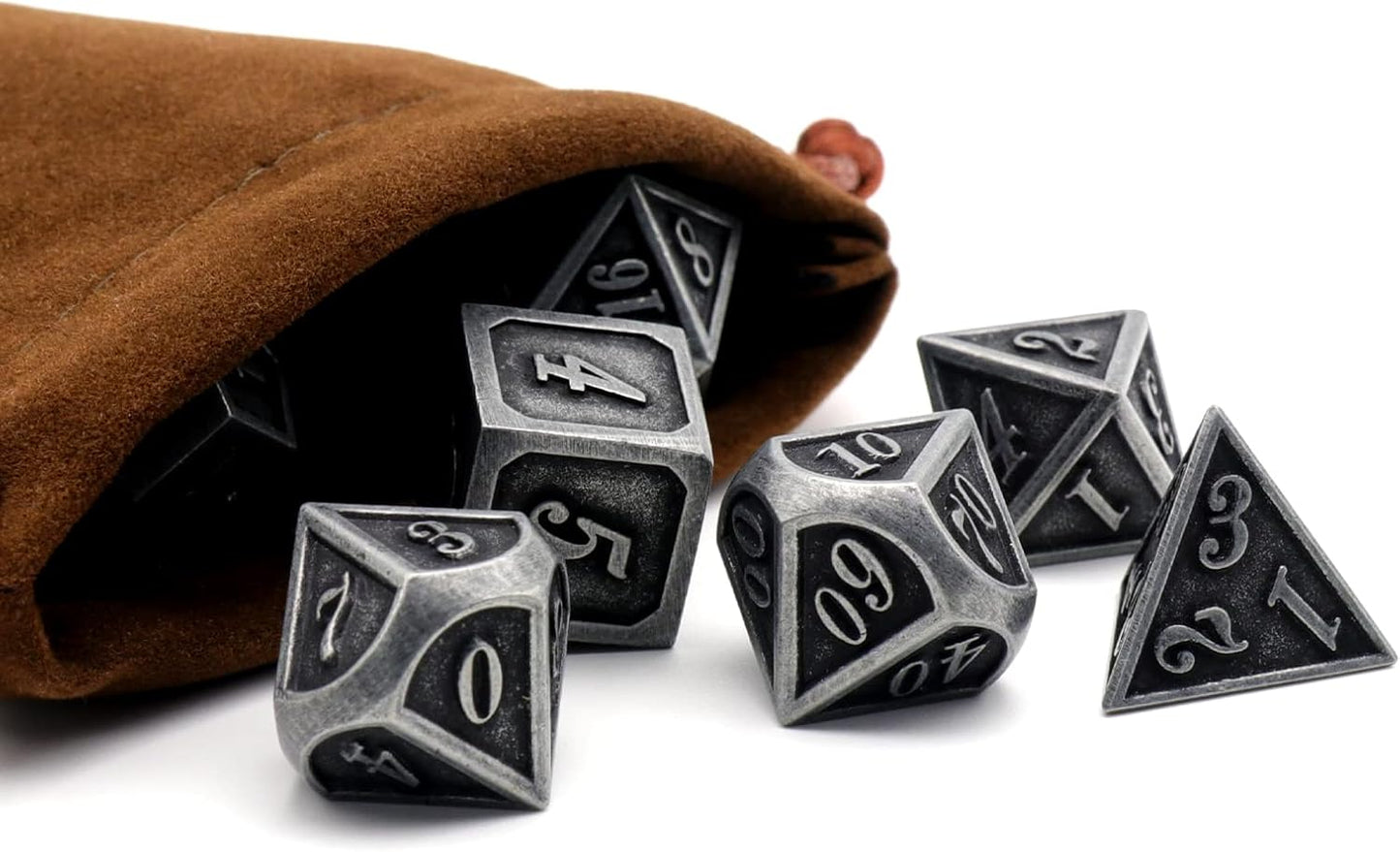 Metal Dice Set, HNCCESG Polyhedral D&D Dice for Dungeons and Dragons RPG DND Dice for Role Playing MTG Tabletop Gaming Shadowrun Pathfinder 7PCS D20 D12 D10 D8 D6 D4（Ancient Silver）