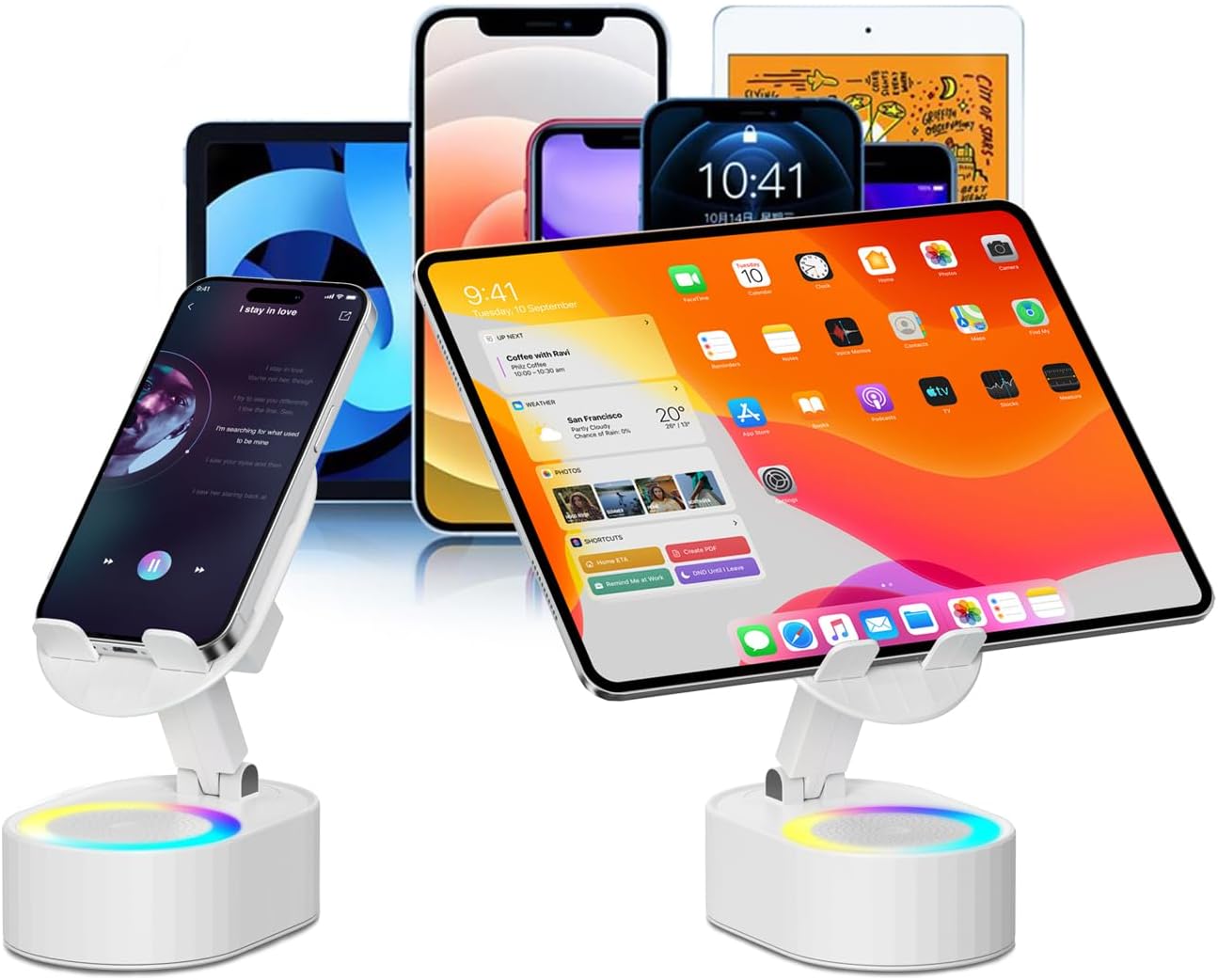 Wireless Induction Audio Bluetooth Speaker 5in1 Phone Holder Emergency Rechargeable (3000mAh) with Colorful Ambient Light 300° Foldable for Tablet iPhone Android, Gifts for Men Women (White)