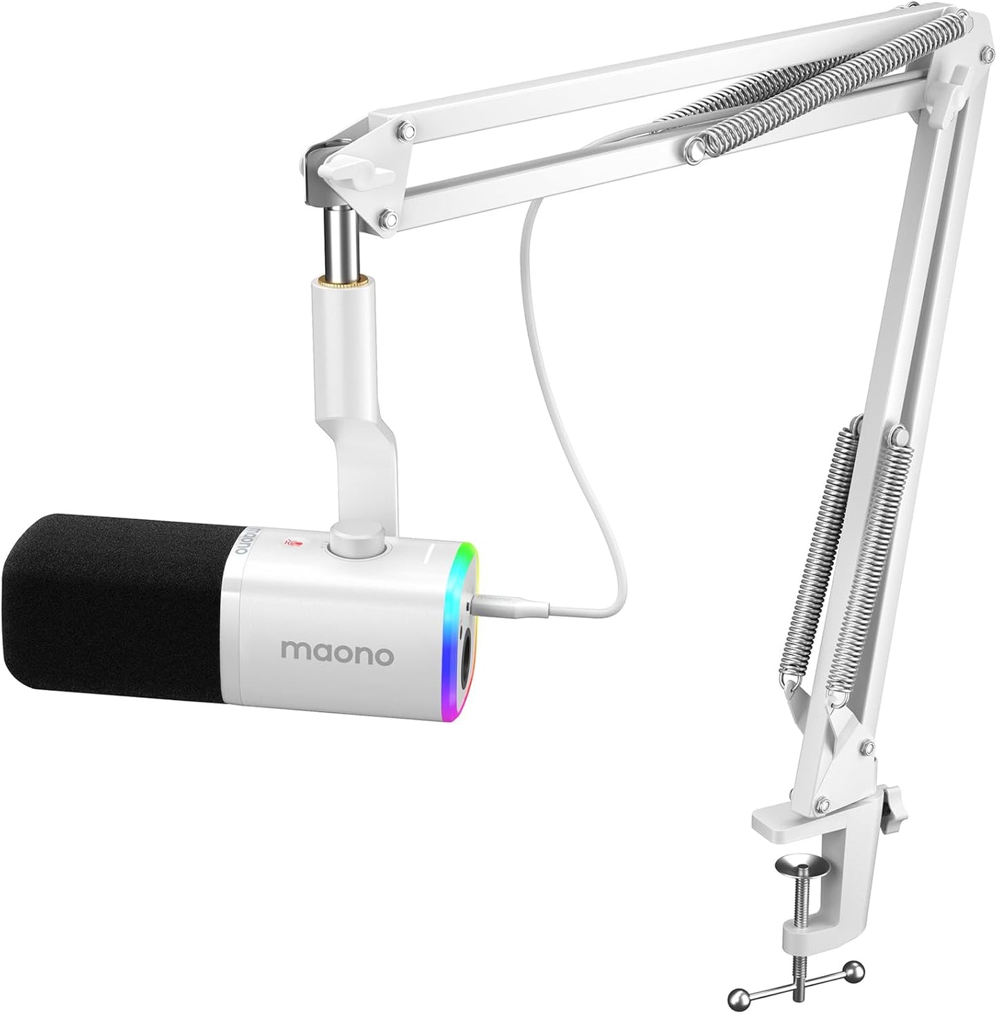 MAONO XLR/USB Gaming Microphone Kit: Dynamic PC Mic for Streaming Podcasting, Software Support, Mute Button, Gain Control, RGB Computer Mic with Boom Arm Stand, for Recording, PS4/PS5, PD100XS White