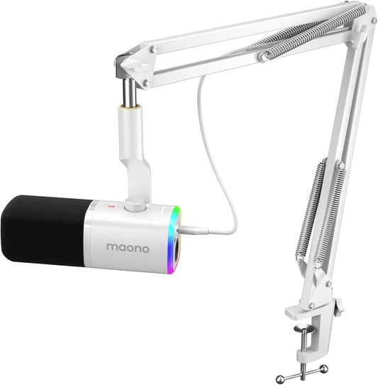 MAONO XLR/USB Gaming Microphone Kit: Dynamic PC Mic for Streaming Podcasting, Software Support, Mute Button, Gain Control, RGB Computer Mic with Boom Arm Stand, for Recording, PS4/PS5, PD100XS White