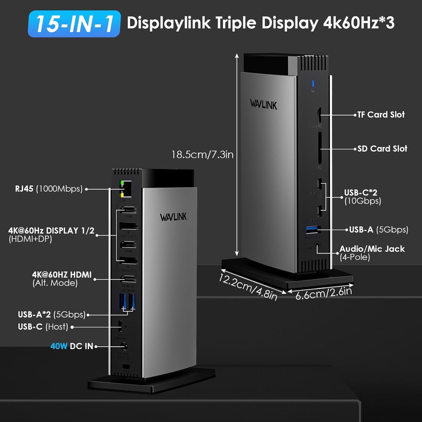WAVLINK USB C DisplayLink Docking Station with 3 HDMI 4K60Hz,Displaylink Triple Display Docking Station for MacBook M1/M2/M3/Windows,5 USB Ports,2DP,Ethernet Port,Audio/Mic,SD/TF（No Charging Ports）