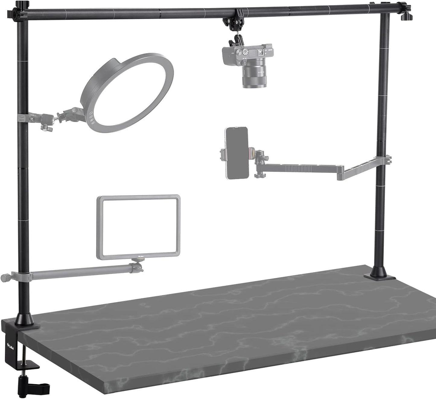 JUSMO LS15 Desk Overhead Camera Mount Rig Top-Down Shots, Professional Aluminum Tabletop Multi-Device Mount Platform for Product Photography/Video Making/Picture Taking/Live Stream and More