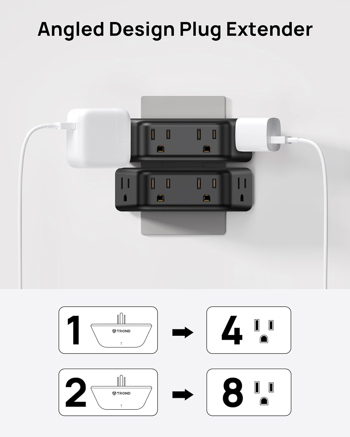 TROND Outlet Extender Surge Protector 2 Pack - Multi Plug Wall Outlet with 4 Grounded Sockets, Angled Wall Plug Splitter, 900J, Multiple Adapter for Home Office Travel Dorm Room, Black