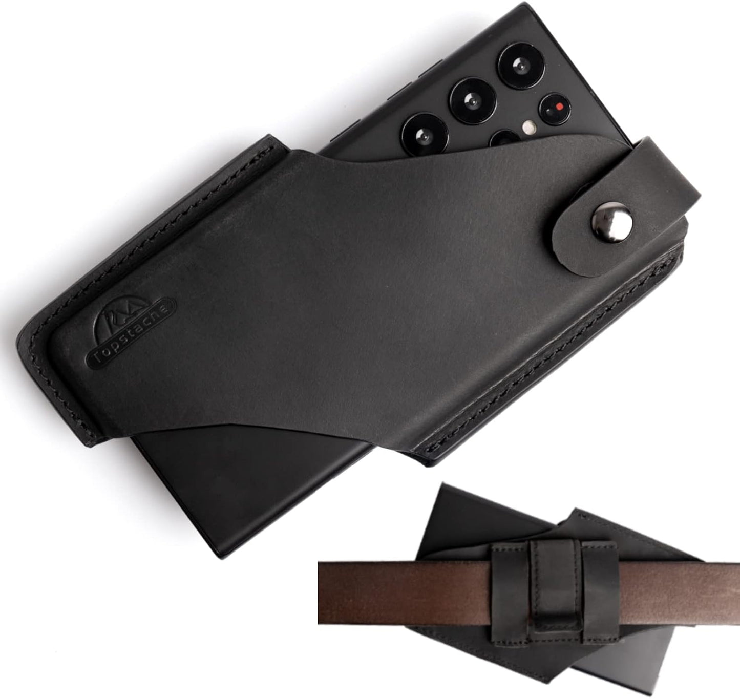 Topstache Leather Phone Holster with Magnetic Closure, Belt Clip Loop Case for iPhone & Samsung, Black, Medium