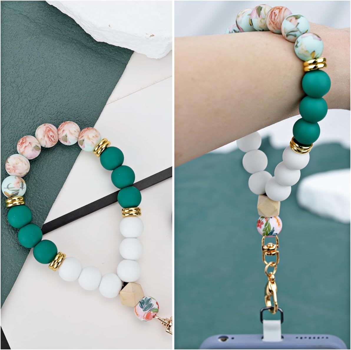 Marble Silicone Beaded Phone Wrist Strap, Cellphone Lanyard with Tether Tab, Elastic Hands-Free Wristlet Bracelet