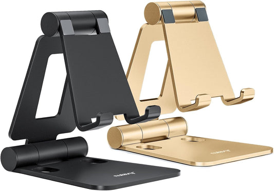 Nulaxy 2 Pack Dual Folding Cell Phone Stand, Fully Adjustable Foldable Desktop Phone Holder Cradle Dock Compatible with Phone 16 15 14 13 12 Pro Xs Xs Max Xr, All Phones, Black&Gold