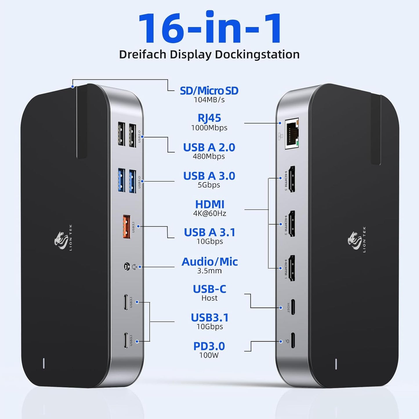 Laptop Docking Station,16 in 1 Docking Station USB C Docking Triple Monitor,USB C Dock Station with 3 HDMI,PD 100W, USB 3.1/3.0/2.0,RJ 45 Ethernet,SD/TF,Audio for Dell/HP/Lenovo