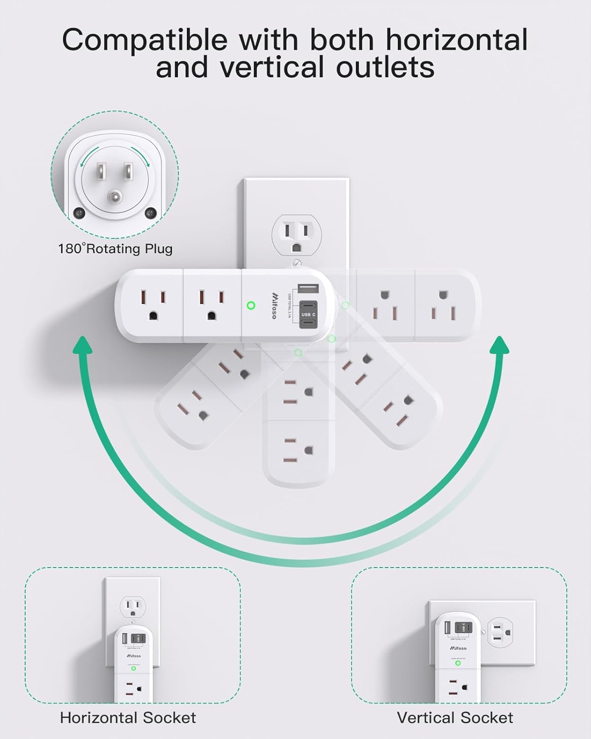 PD30W USB Outlet Extender Surge Protector - with Rotating Plug, 6 AC Multi Plug and 3 USB Ports (2 C), 3-Sided Swivel Power Strip Spaced Splitter for Home, Office, Travel