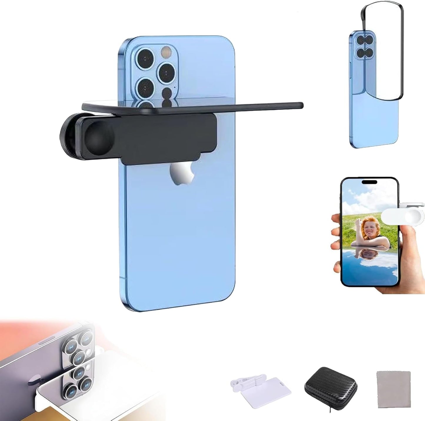 Smartphone Camera Mirror Reflection Clip Kit, Adjustable HD Glass Mirror Effect Lens for Creative Photography, Vertical & Horizontal Phone Selfie Reflector, Portable Photography Accessory (1PCS-Black)