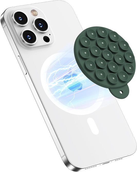 Magnetic Suction Cup Phone Mount for MagSafe Case, Silicone Hands-Free Phone Grip Holder for iPhone and Android, Mirror Shower Phone Stand for Makeup FaceTime Gym Kitchen Bathroom, Alpine Green