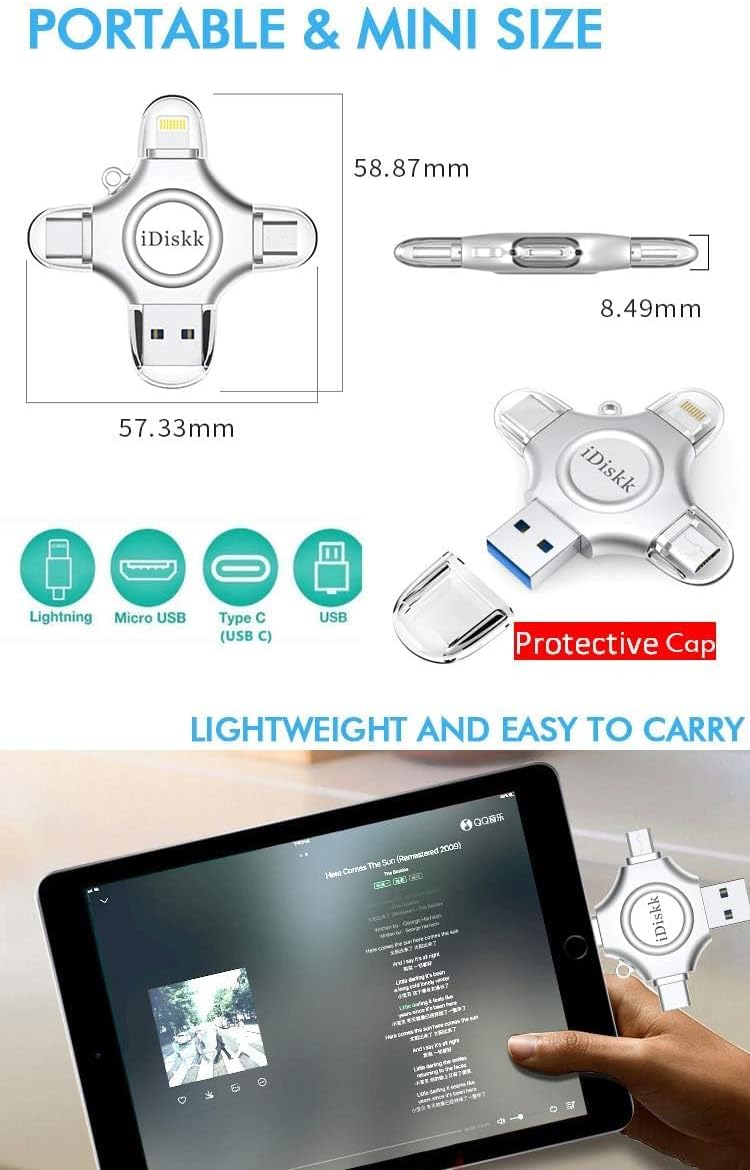 MFi Certified iDiskk 128GB Flash Drive for iPhone 15 16 iPad USB 3.0 Lightning Drive 4 in 1 Multi Functional External Storage for iOS and Android Samsung Phones Type c Devices and MacBook Photo Drive