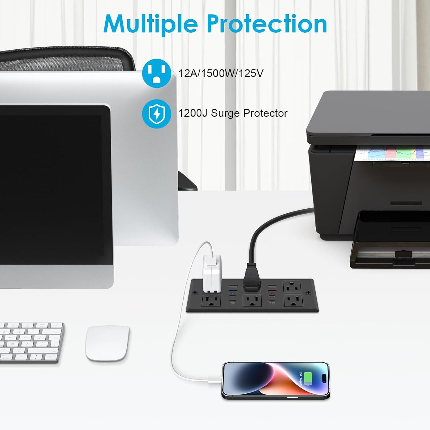 Recessed Power Strip, 30W PD USB-C & USB-A Fast Charging, Drawer Outlet Plug in 6 Outlets & 8 USB Ports, Furniture Flush Mount Desk Outlets for Conference Table, 10FT Cord Black