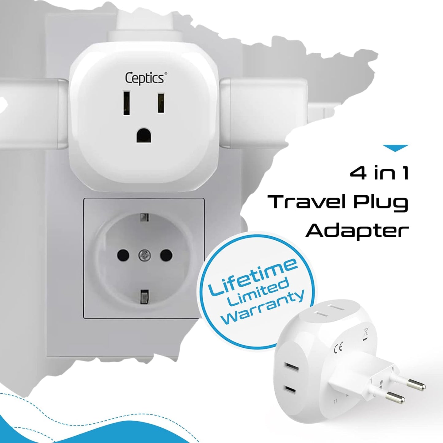 Ceptics Europe Travel Adapter Plug Set Schuko - 4 Input - Ultra Compact - Light Weight Type C, Type G - USA to Any Type C, G Countries UK, Ireland, Germany, France - 4 Pack (PT-9C-7-4PK),White