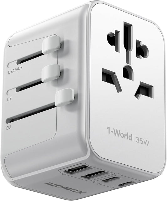 MOMAX European Travel Plug Adapter, 35W PD Fast Charging, Universal Travel Adapter with 3 USB-C and 2 USB-A Ports, International Power Adapter for Most Europe, USA, Japan, Australia (Type C/A/G/I)