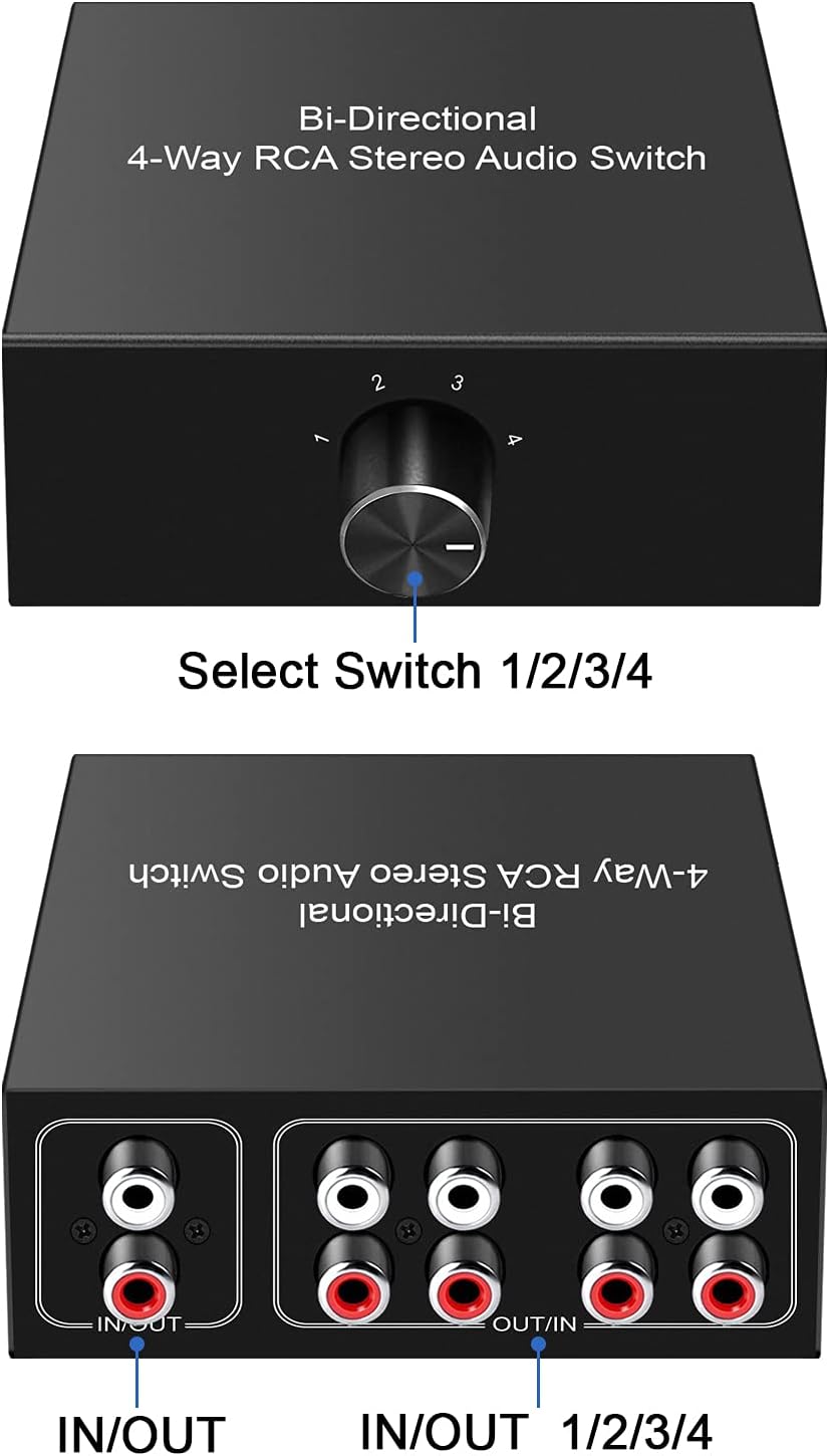 4-Way Stereo L/R Sound Channel Bi-Directional Audio Switcher, 1 in 4 Out or 4 in 1 Out, L/R Sound Channel Audio Switch Splitter RCA Stereo Switch Selector for DVD Stereo Speaker CD Player
