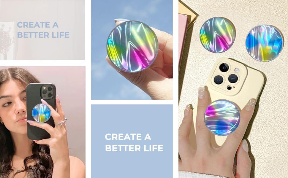 3 Pack Fashionable Clear Glitter Expandible Collapsible Moblile Phone Grip Stand Holder for Smartphones and Tablets Cell Phone Accessory- 2 (Gradient Colorful Glitter Blue Pink)