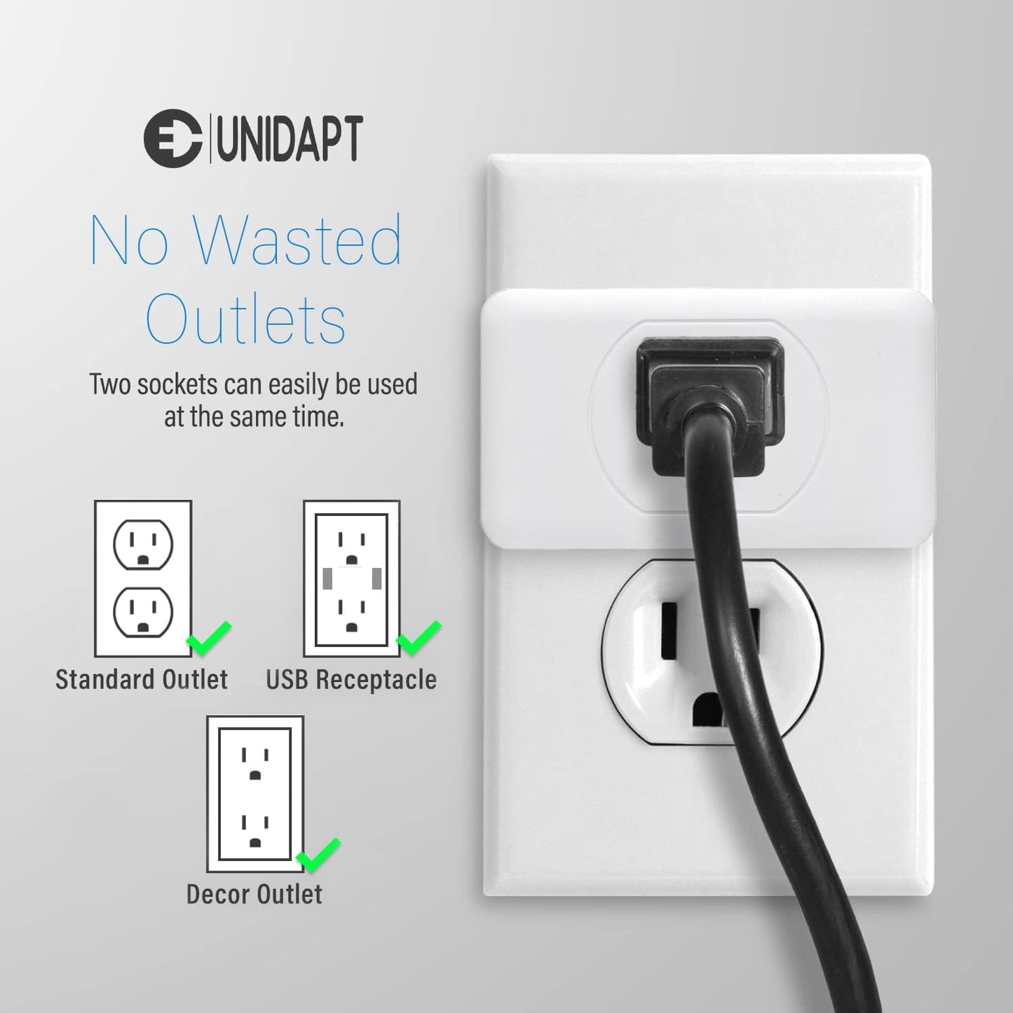 Unidapt Multi Plug Outlet Extender 2 Pack - 3 Way Wall Outlet Splitter, Cruise Ship Essentials Power Plug Adapter, Compact Travel Wall Tap Expander, Flat Angled Design, Home, Office, Dorm - White