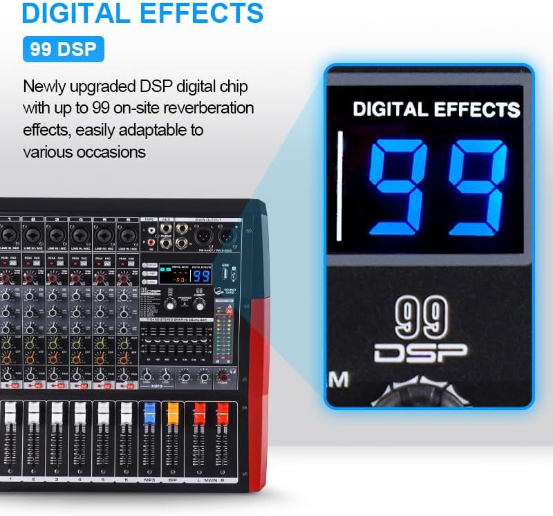 TF600 6-Channel Professional Mixer with Bluetooth Sound Bar with Power Amplifier 2 * 450W Power Output Powered Mixer, 7-Stage Equalizer, 99 DSP Effects, Recording Input USB Drive for Speakers