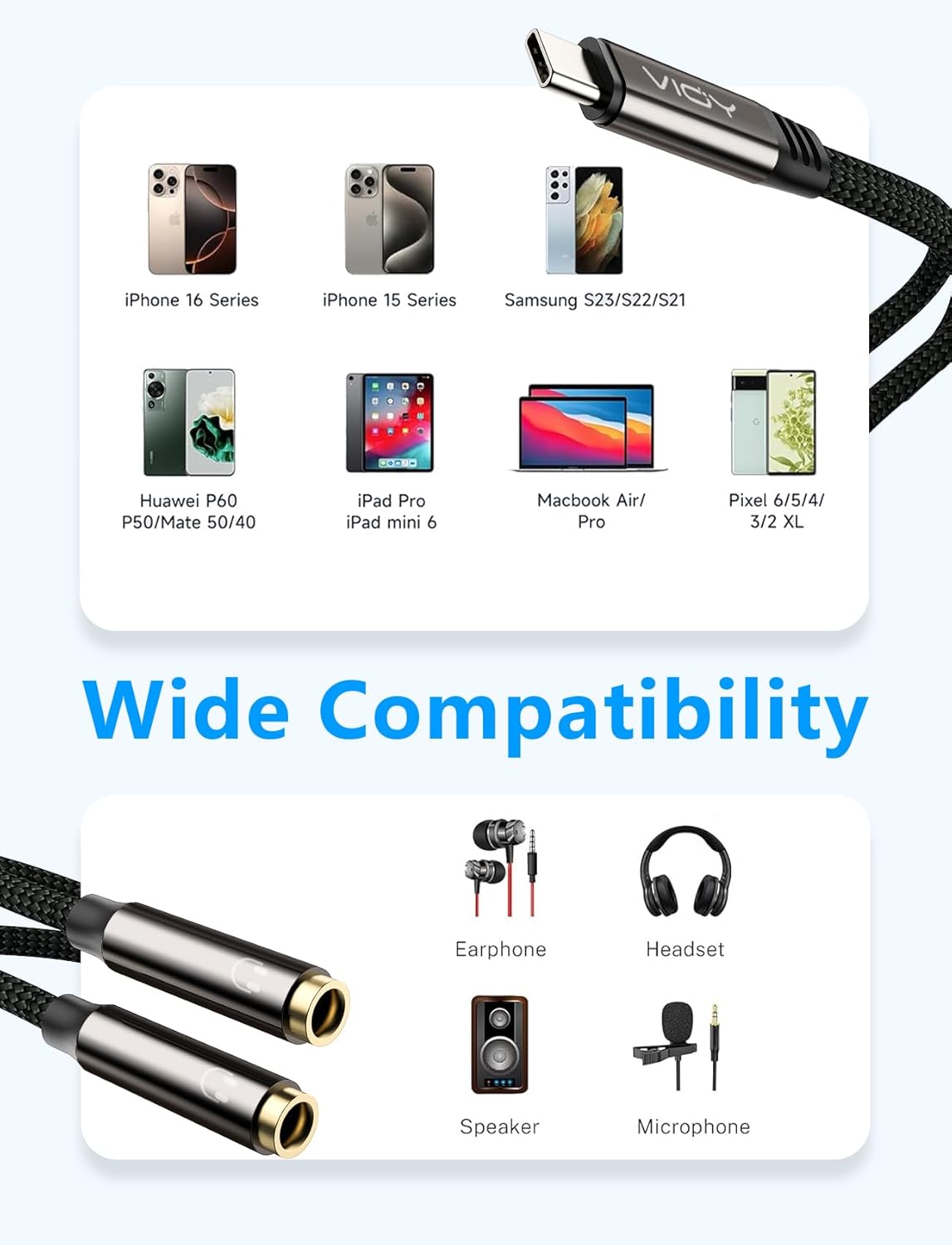 VIOY USB C to Dual 3.5mm Female Headphone Splitter, Type C to Headphone Audio Jack Adapter 2 Way Compatible with iPhone 16/15 Plus Pro Max, iPad Air Pro, Galaxy S24/23 Ultra, Pixel 7/6 and More