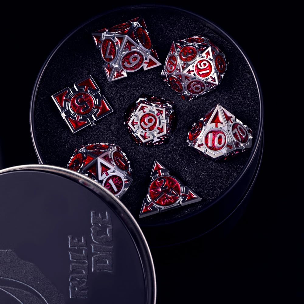 RULE DND Dice - Metal Polyhedral Set, Large Role Playing, Red Weighted Metallic, MTG RPG Dice with Gift Box