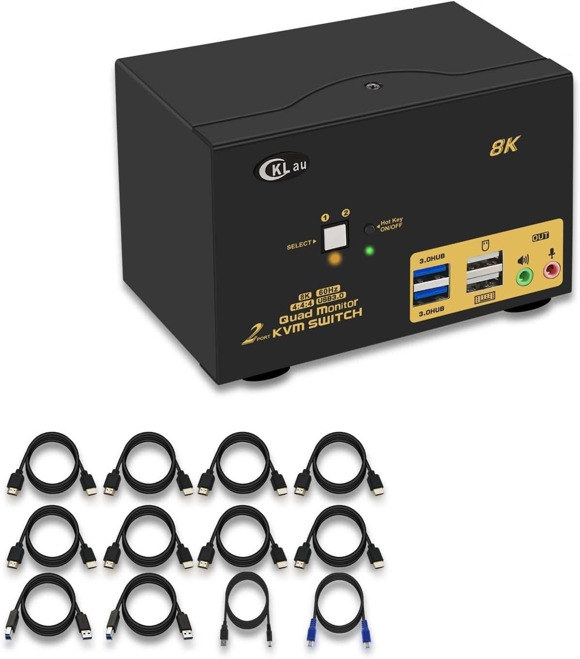 CKLau 2 Port USB 3.0 Quad Monitor KVM Switch HDMI 2.1 8K@60Hz 4K@144Hz with Audio Output and All Input Cable, 2 PCs 4 Monitors Video Keyboard Mouse Peripheral Sharing Switcher