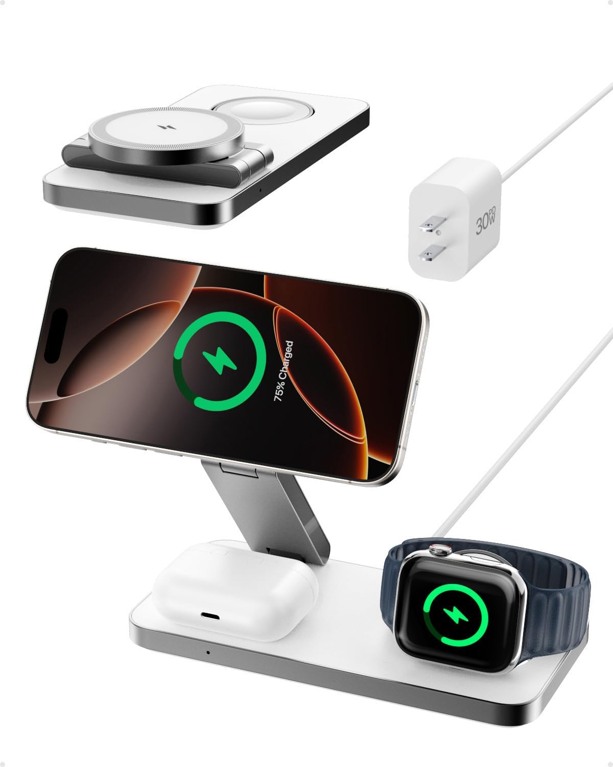 Intoval 3-in-1 Foldable Wireless Charging Station, Qi2 Certified 15W Ultra Fast Wireless Charger for Magsafe, Magnetic Charger Stand for iPhone 16/15/14/13/12, Apple Watch & AirPods. (White)