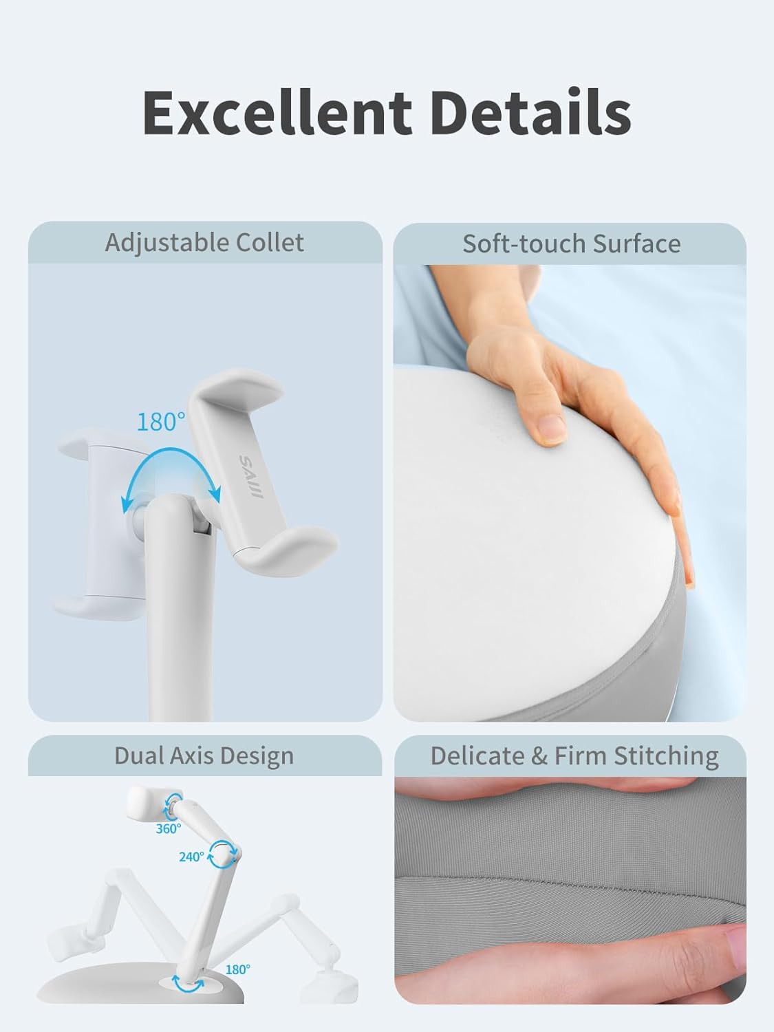 SAIJI Cell Phone Pillow Holder mini iPhone Stand for Bed, Upgraded mini Angle & Height Adjustable Phone Pillow Stand for Watching Video On Bed/Sofa/Lap, Fit for 4.7"-7.0" Device (Gray)