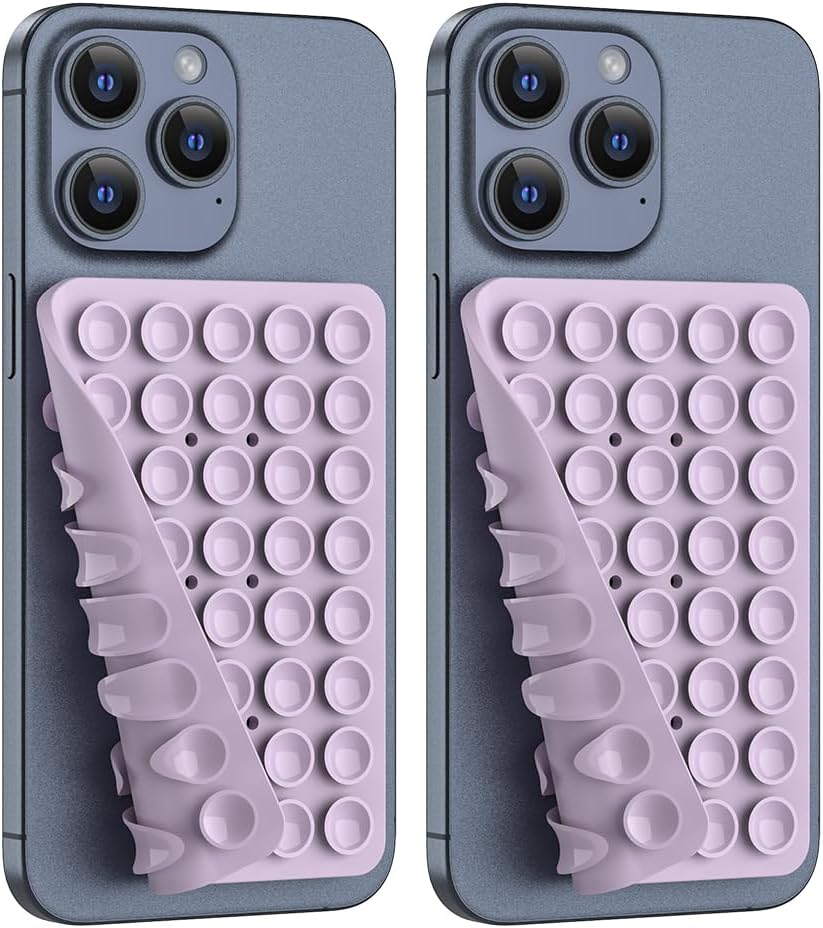 2PACK Silicone Double Sided Suction Phone Case Mount, Detachable Hands Free & Strong Grip Holder for Selfies & Videos, Compatible iPhone Android (Violet, 2Pack 40 Suction Cups)